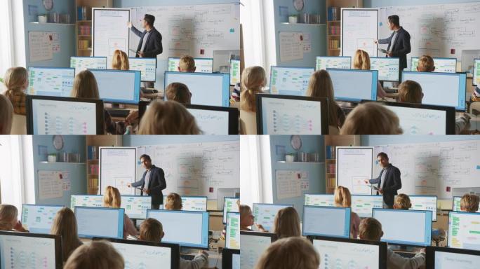 小学计算机科学课: 老师使用数字平板电脑，向不同群体的聪明孩子讲解课程。孩子们接受现代教育，学习互联