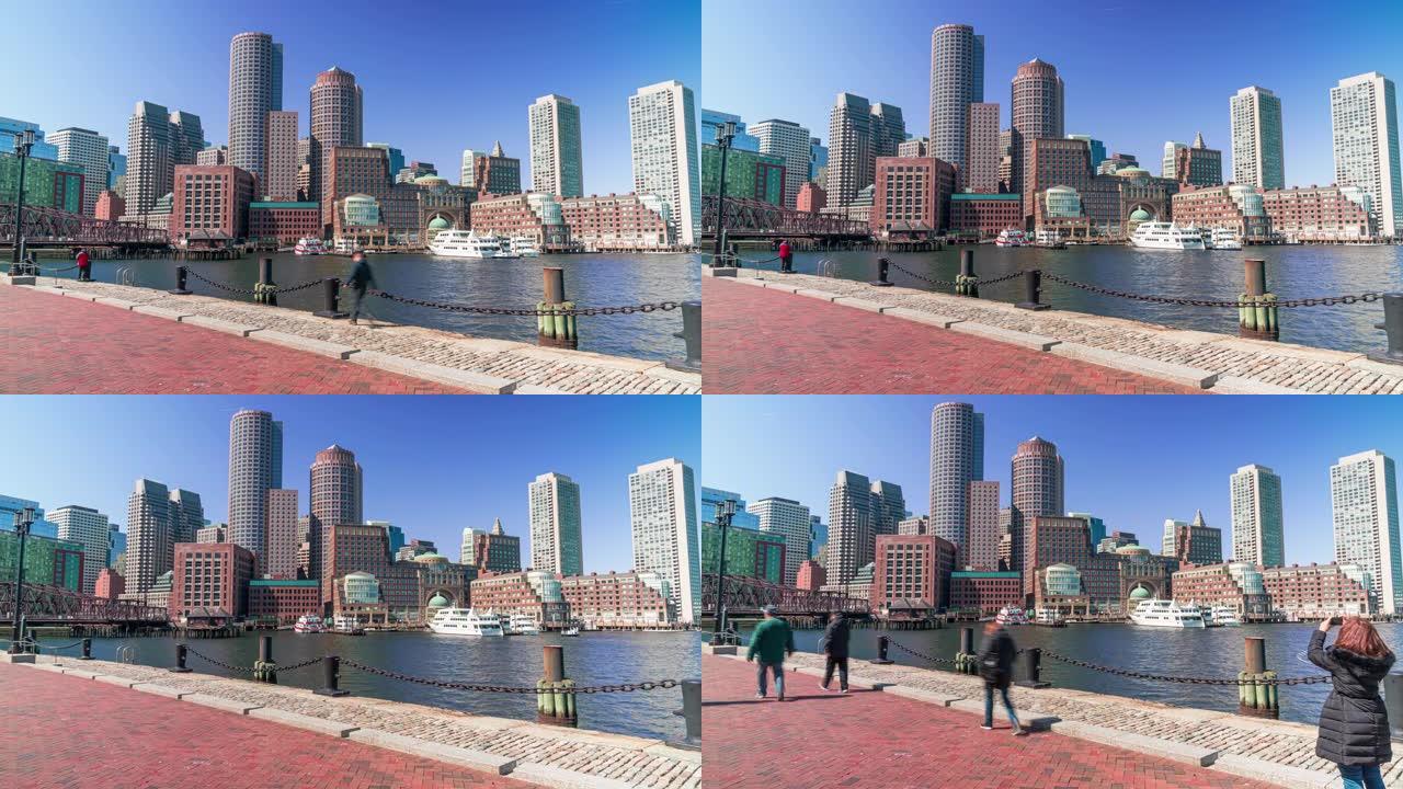 美国马萨诸塞州范码头公园波士顿港城市景观的4k时间流逝，行人游客