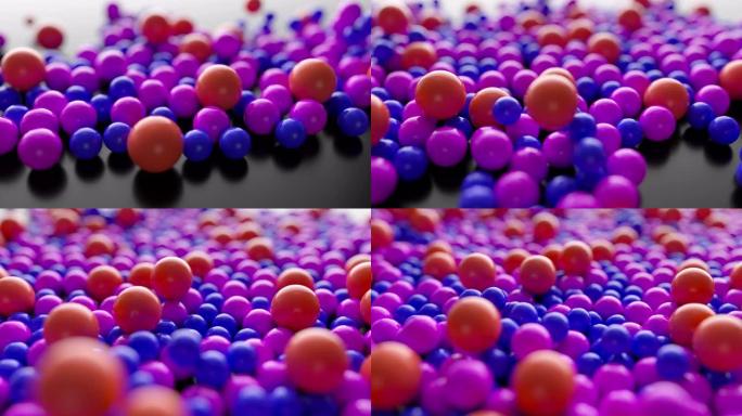 不断增长的一堆抽象的彩色球体和滚珠滚落。4k 3D渲染