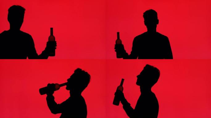 一个男人从红色背景上的瓶子里滴酒精的Sihouette