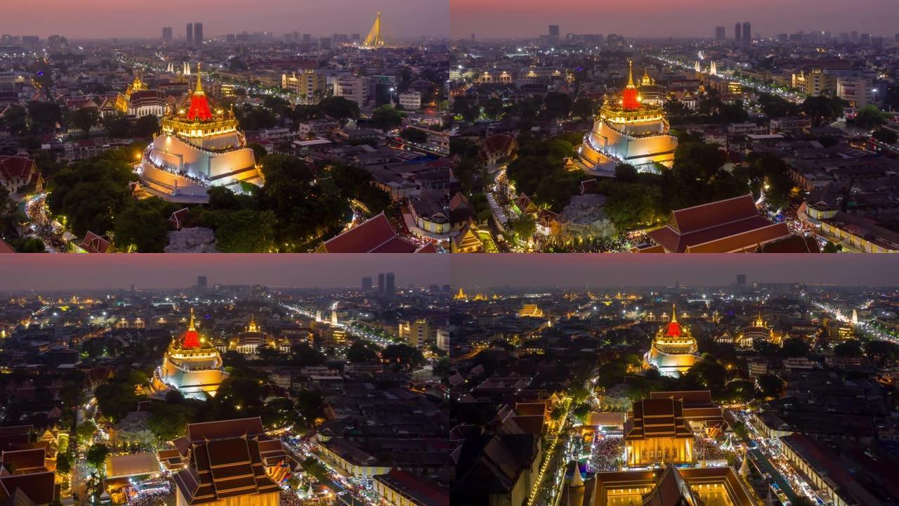 鸟瞰图/无人驾驶飞机从曼谷的Wat Saket(Phukhao Thong) 的无人驾驶飞机-金山寺
