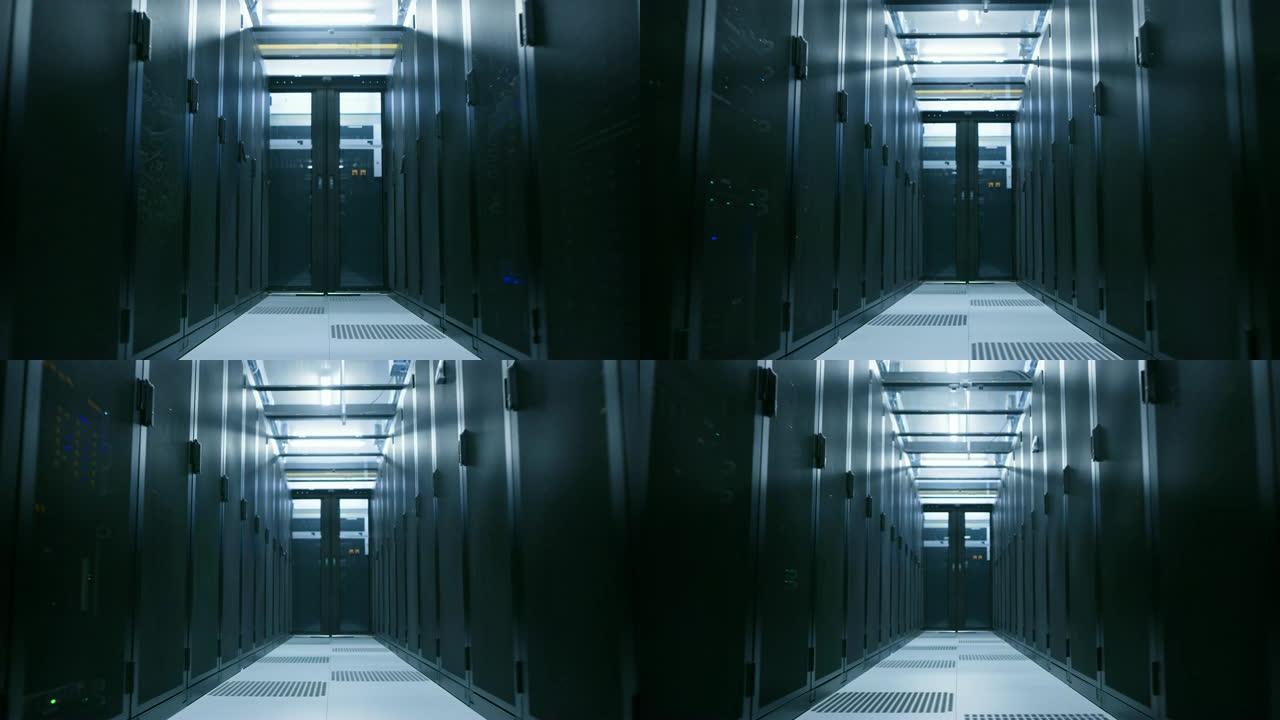 数据中心，两行之间有完全可操作的服务器机架。电信、云计算、人工智能、数据库、超级计算机技术的概念。低