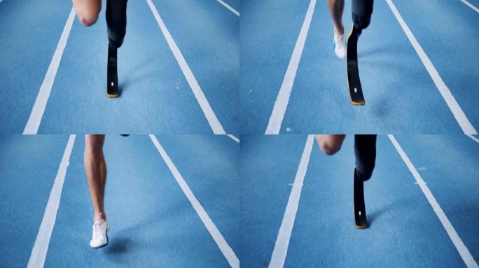 腿部假肢在训练场上奔跑的人，特写。