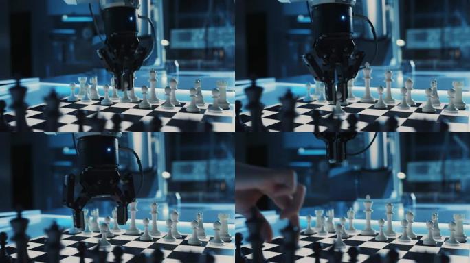 在与人类的国际象棋比赛中，人工智能操作未来派机械臂的特写镜头。机器人移动棋子。他们在一个高科技的现代
