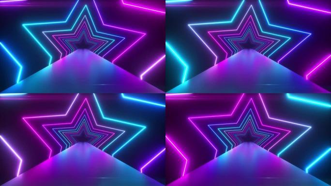 带有旋转的霓虹灯星的抽象数字背景。现代紫外线蓝紫色光谱。无缝循环3d渲染。