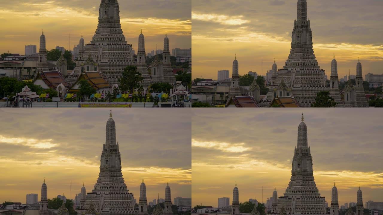 倾斜和近距离:Wat Arun Temple (Temple of Dawn)在日落时间，曼谷，泰国