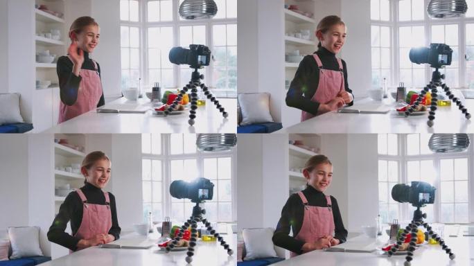 年轻女孩Vlogger制作有关互联网烹饪的社交媒体视频