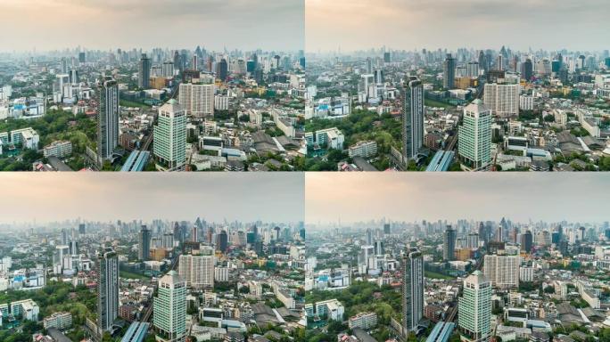 曼谷奇幻城市景观的4k时间流逝，具有现代建筑和高架火车地铁系统，在曼谷黄昏时间的高峰时间，具有城市景