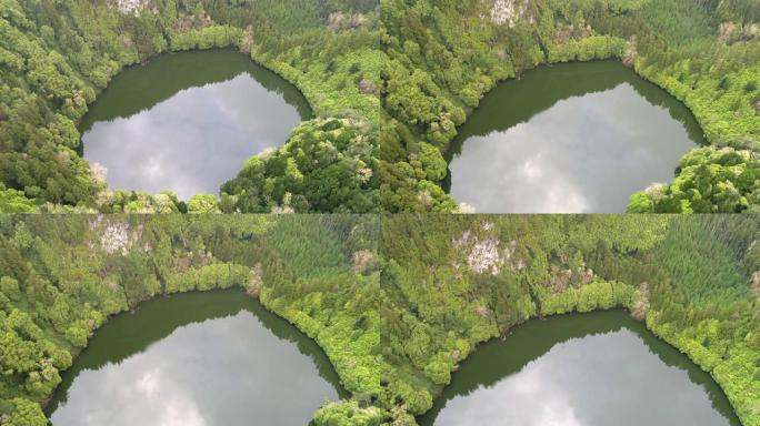 葡萄牙亚速尔群岛圣米格尔岛Lagoa do Congro火山口中的湖。空中射击。4K, UHD