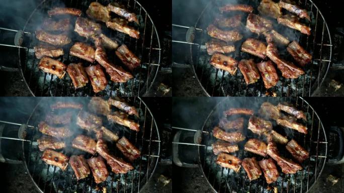 4k镜头在越南木炭烤架上烧烤猪肉的场景，烹饪食物和烧烤概念