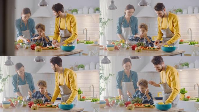 在厨房: 父亲和可爱的小男孩一起烹饪健康晚餐。爸爸教小儿子健康的习惯，以及如何在沙拉碗中混合蔬菜。可