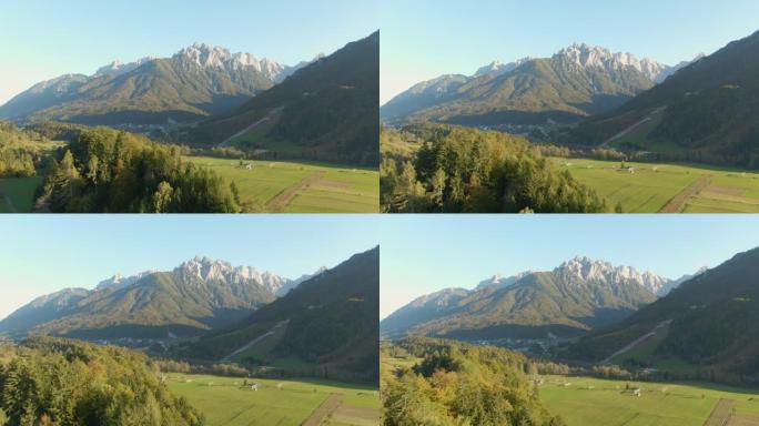 无人机: 斯洛文尼亚高耸的山下空牧场的风景。