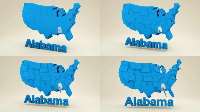 美国，阿拉巴马州三维蓝色地图