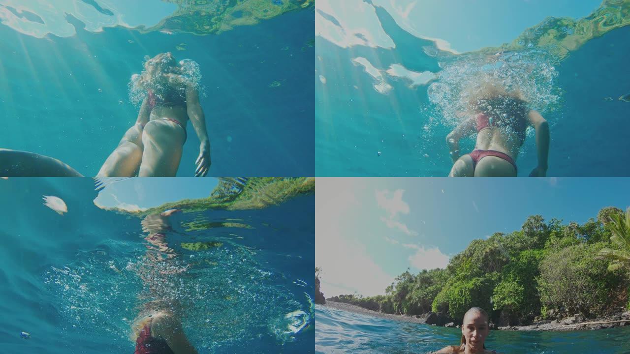 年轻女子在水下游泳的POV镜头