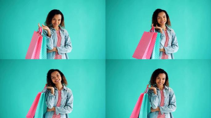 顾客满意购物袋快乐非洲裔美国女孩肖像