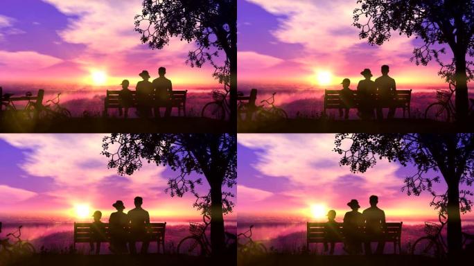 家人在日落时坐在长凳上，并享有美丽的河景