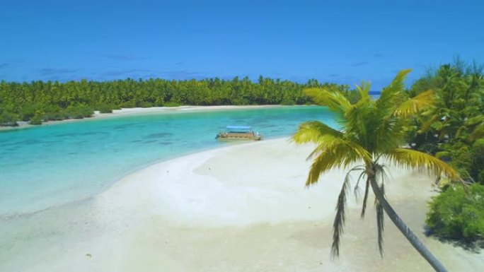 无人机: 弯曲的棕榈树延伸到沙滩和两艘旅游船上。