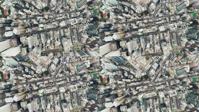 从无人机上鸟瞰香港城市景观。香港城市无人机90度鸟瞰图。无人机正在向前飞行。