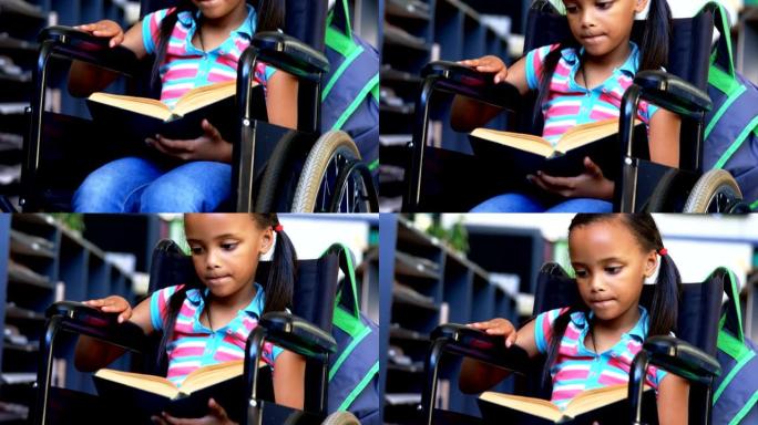 残疾非裔美国女学生在4k学校图书馆看书的前视图