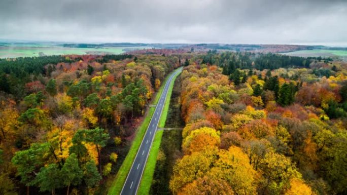 德国秋季的森林之路-鸟瞰图