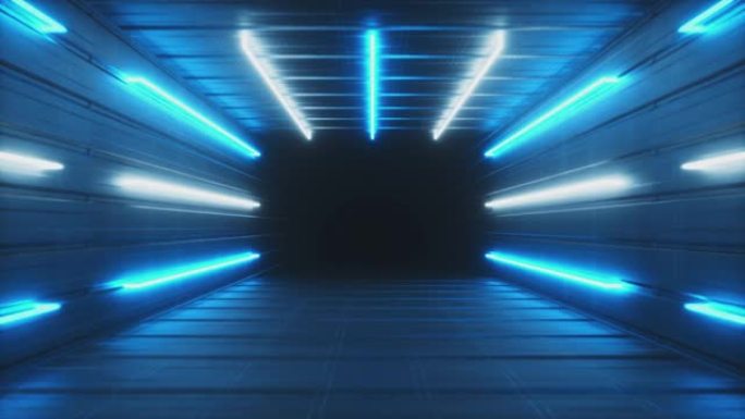 在抽象的蓝色未来室内飞行。霓虹灯发光荧光灯打开的走廊。未来主义建筑背景。带金属墙的盒子。无缝循环3d