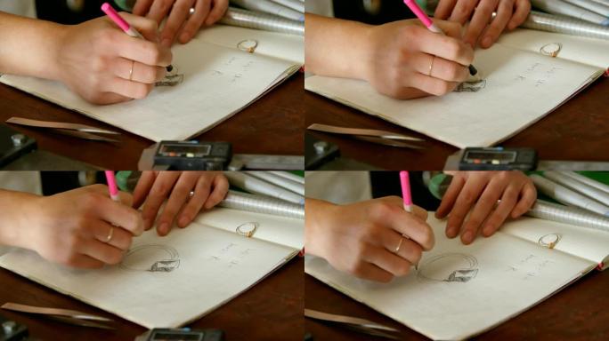 女性珠宝设计师在4k寄存器上绘制草图