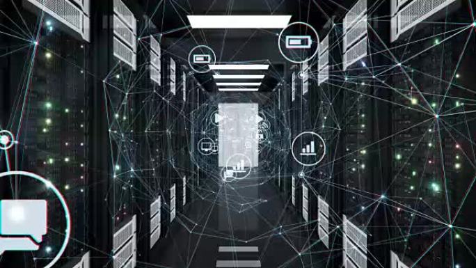 在带有闪烁的灯光和链接的数据中心服务器机架房间中，通过带有流动图标的抽象数字网络隧道飞行。循环3d动