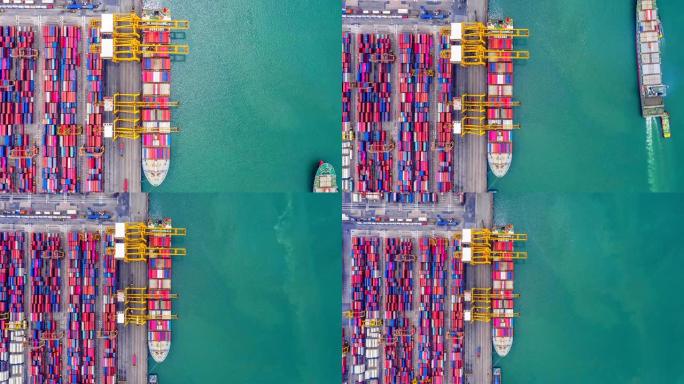 4K，从顶视图或鸟瞰图看，现代工业港口与集装箱的延时。这是一个进出口货物港口，是航运的一部分