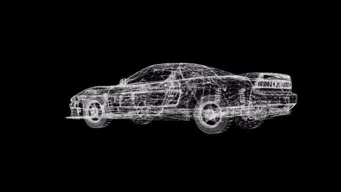 旋转汽车的全息图，4k动画黑白三维可循环。