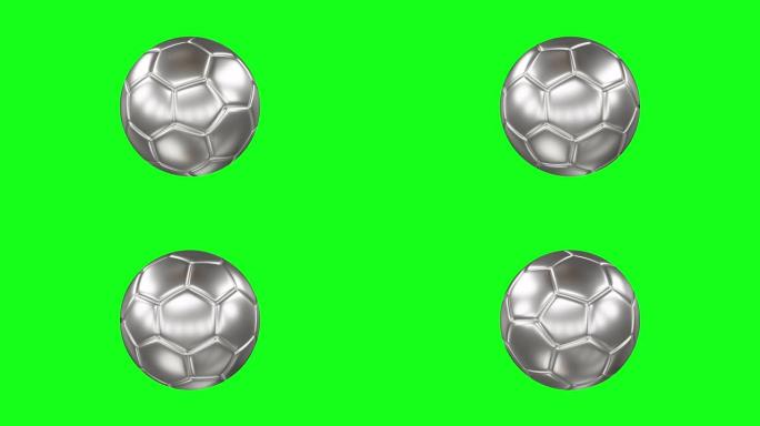银球的3d渲染。绿色屏幕上的旋转银色足球孤立背景。色度键。无缝循环动画