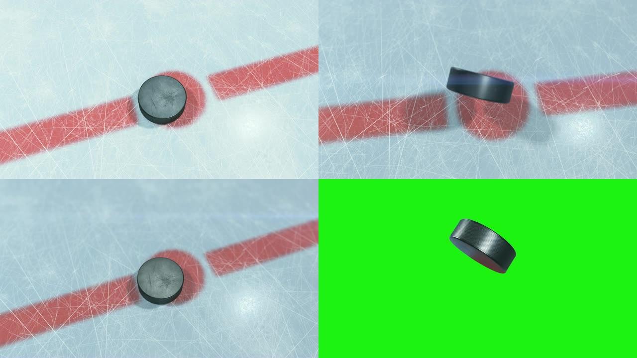 漂亮的冰球掉落在对峙区。绿屏阿尔法面具上有或没有dop模糊的冰球落在冰上的3d动画。主动运动概念。