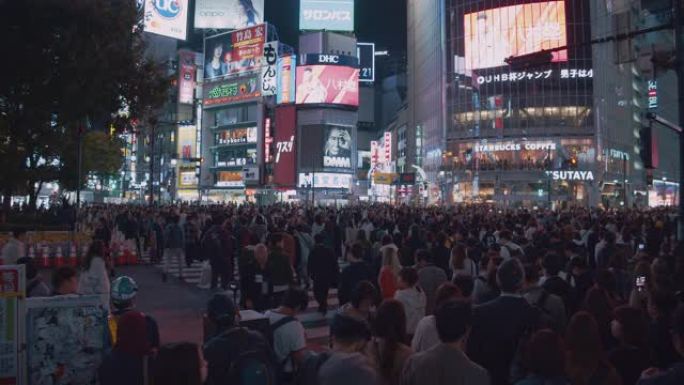 4k分辨率在涩谷十字路口拥挤了人们的夜生活。交通汽车和跨交叉路口的交通工具
