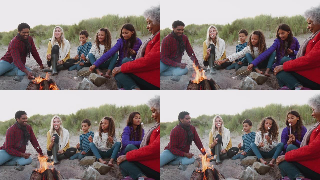多代家庭坐在冬季海滩上的火炉旁敬酒棉花糖-慢动作拍摄