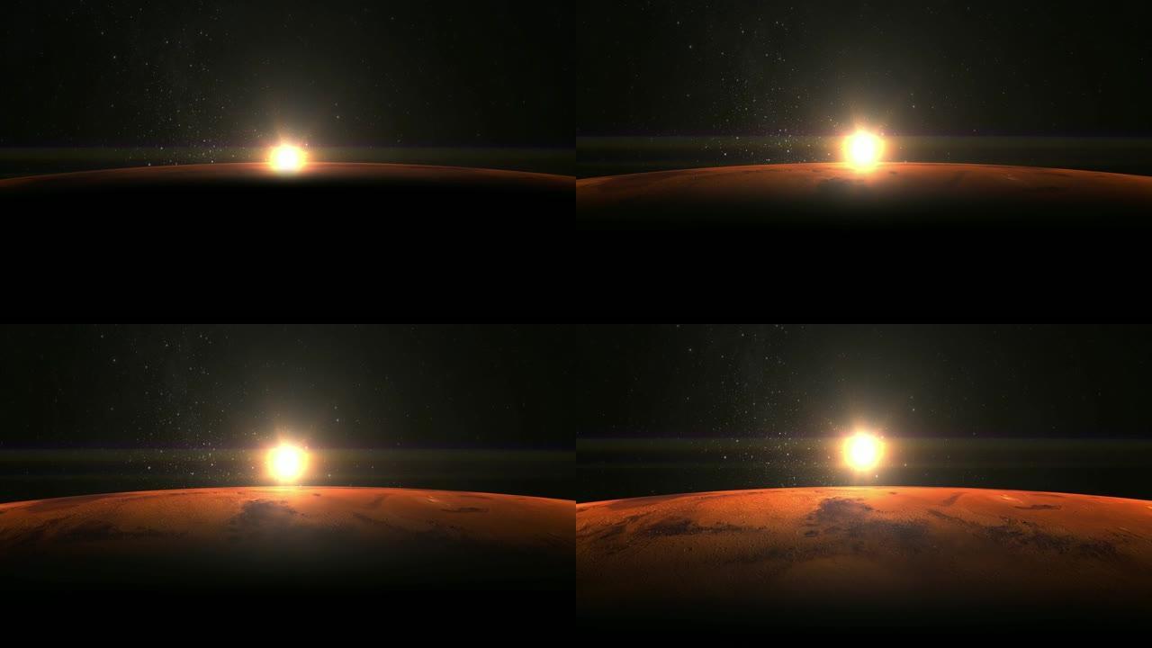 火星上的日出。火星缓慢旋转。星星闪烁。从太空看。星空。4K。