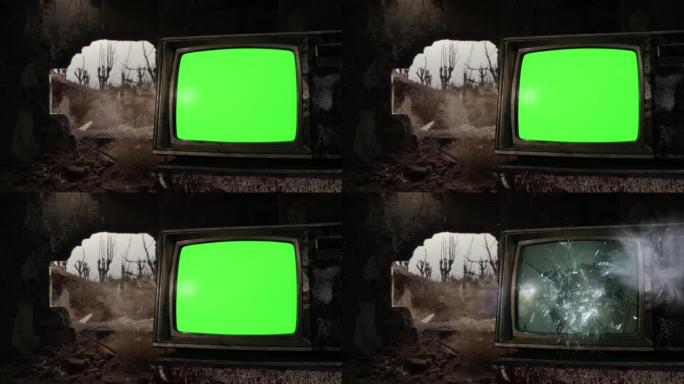 机枪在战区一座被拆除的建筑中，在复古电视绿屏上射击。