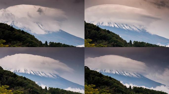 富士山，日本山梨县，富士山特写延时，上面戴着云彩帽子