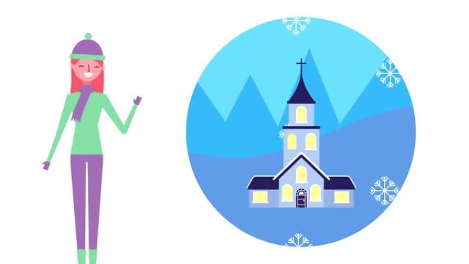 女人和教堂的冬季雪景场景