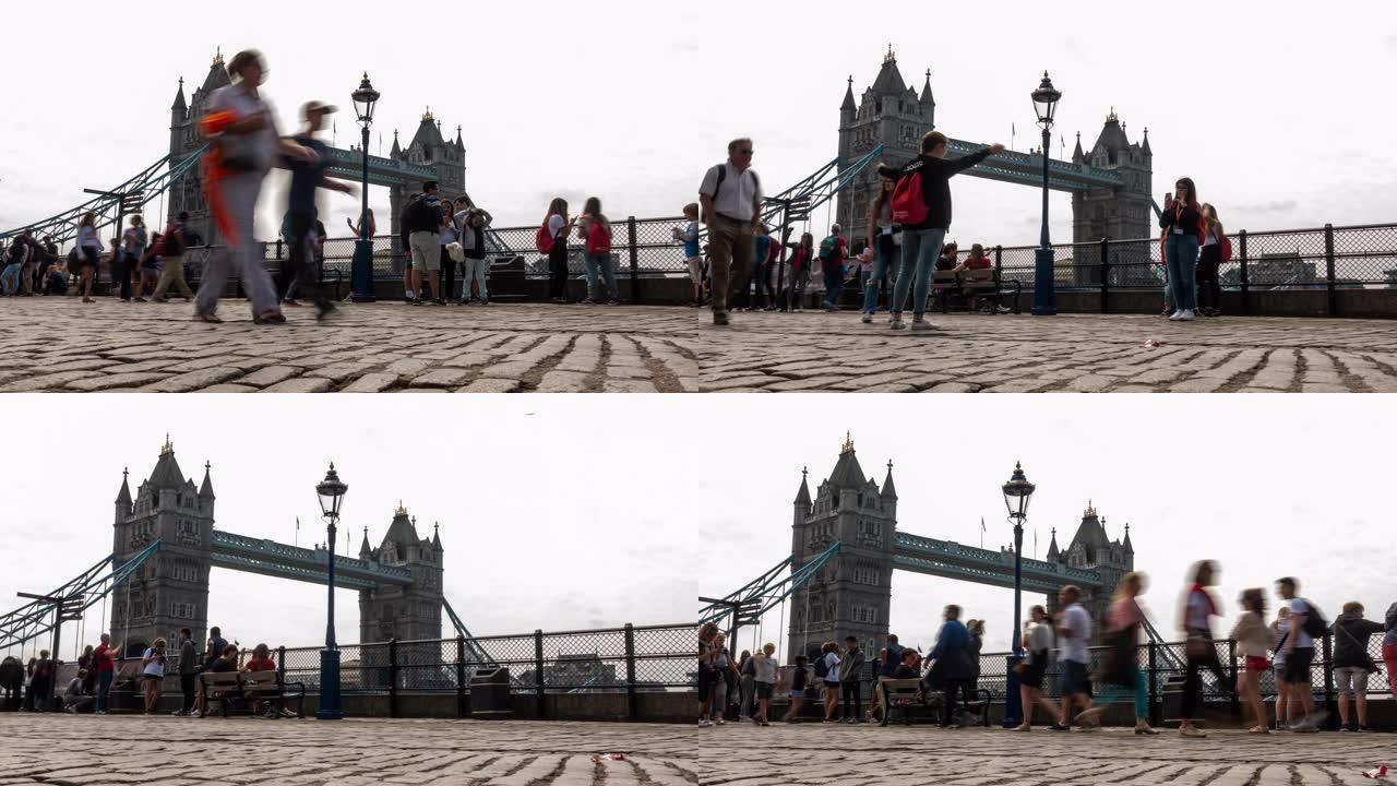 延时: 英国伦敦塔桥的人行通勤人群