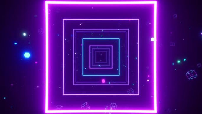 一望无际的发光五彩霓虹灯广场隧道，用于音乐视频、夜总会、发光二极管屏幕、投影节目。现代紫外线蓝紫色光