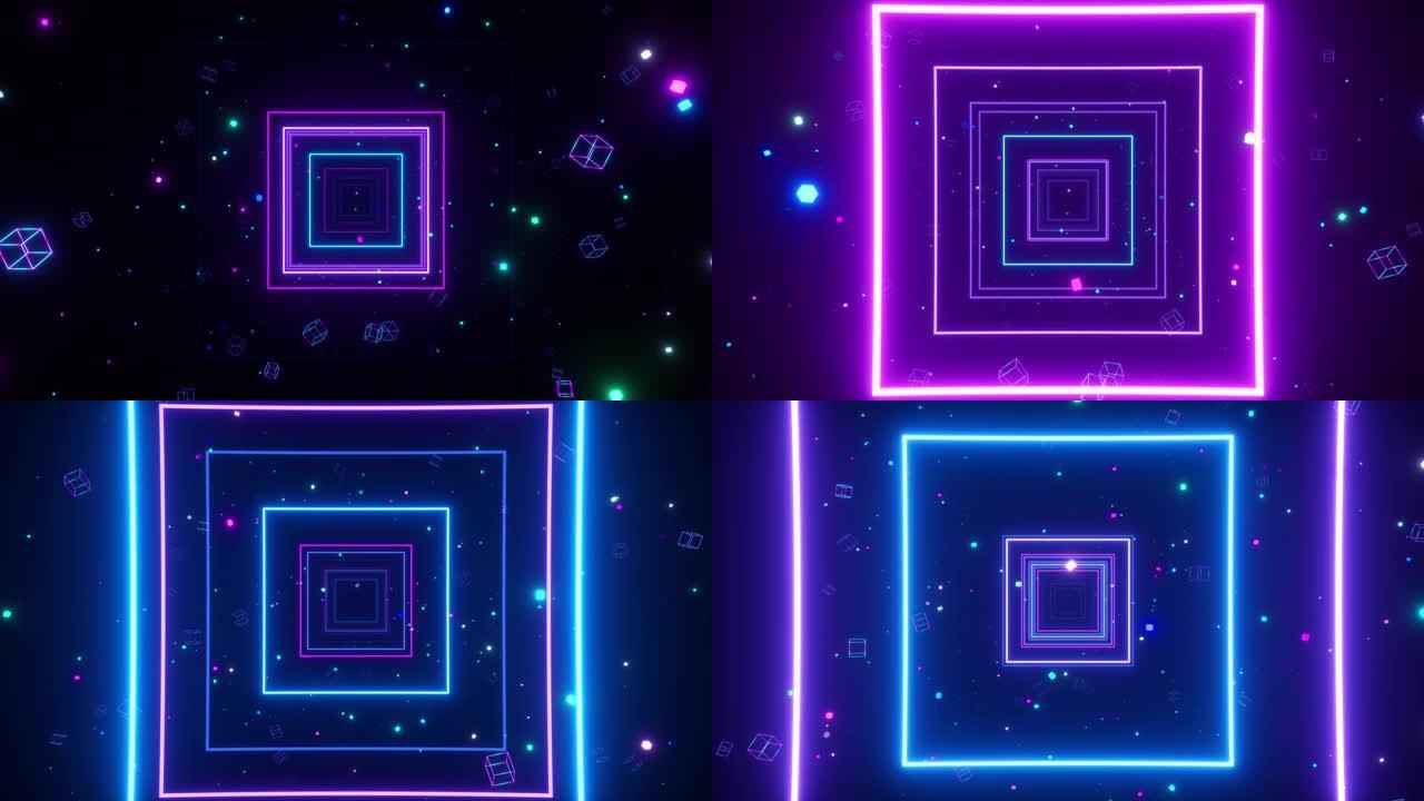 一望无际的发光五彩霓虹灯广场隧道，用于音乐视频、夜总会、发光二极管屏幕、投影节目。现代紫外线蓝紫色光