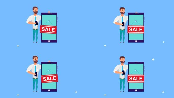 拥有智能手机和销售标签的年轻商人