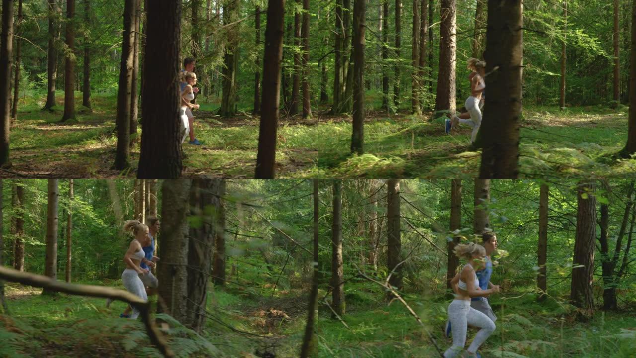 慢动作: 白人男女在宁静的树林中奔跑