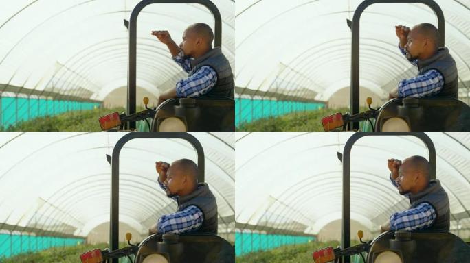男子坐在拖拉机上，在蓝莓农场4k屏蔽眼睛