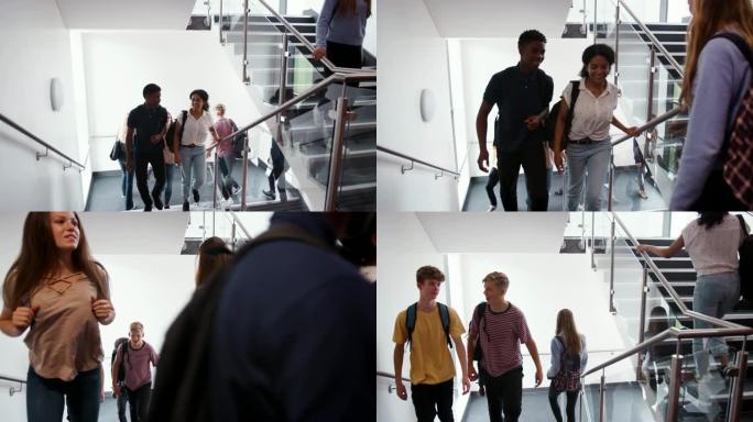 在繁忙的大学大楼中，高中生和教职员工在课间楼梯上行走