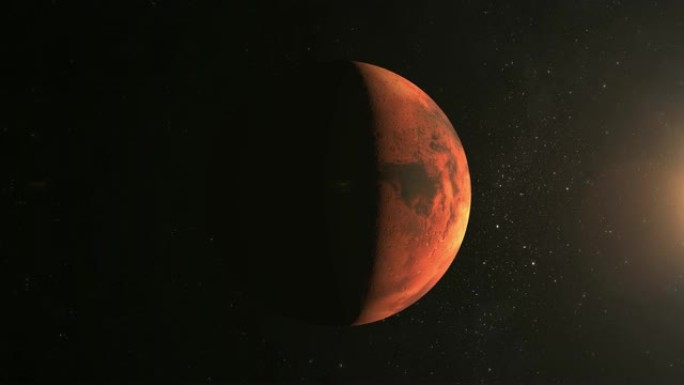 接近火星。摄像机在地球附近飞行。从太空看。星星闪烁。4K.火星向左移动。太阳在右边。这颗行星被太阳照
