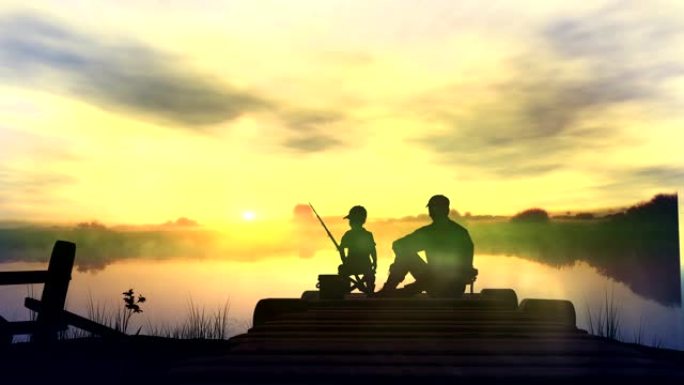 父亲和儿子在早上钓鱼