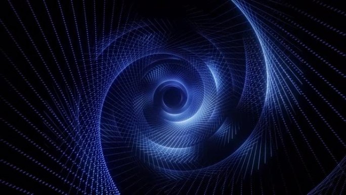 数字空间中的抽象技术飞行。明亮的霓虹灯点形成数据传输隧道。现代蓝光光谱。无缝循环3d渲染