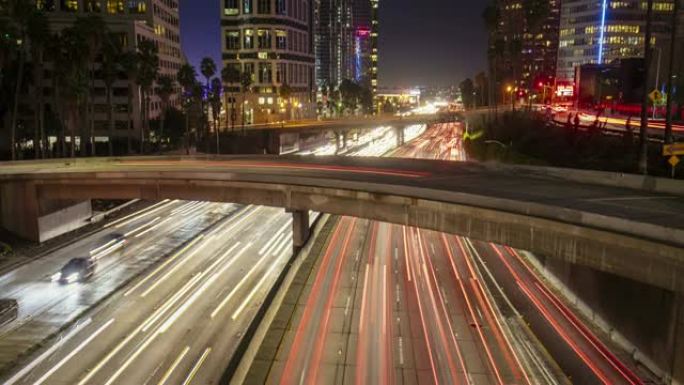 倾斜电影夜间洛杉矶市中心的交通时间流逝