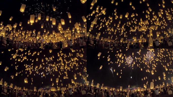 飘浮的灯笼和烟花，怡鹏节，Loy Kra thong在泰国清迈