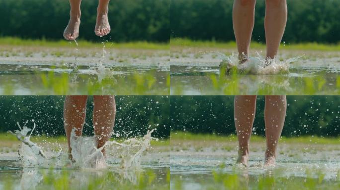 一个女人的SLO MO腿在泥泞的水坑中大放异彩